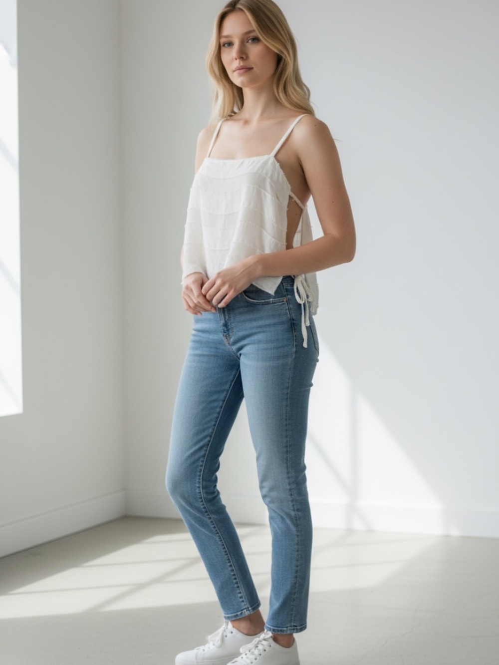 Silence + Noise White Blanco Layered Tie-Side Crop Cami Tank Top Size Large